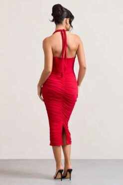 Amy | Red Halter-Neck Corset Ruched Midi Dress -Sangyong Store WB HR CL128700004 AmyRedHalter NeckCorsetRuchedMidiDress7