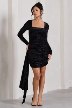 Crimson Cut | Black Velvet Floral Long-Sleeved Ruffled Bodycon Mini Dress 11 Crimson Cut | Black Velvet Floral Long-Sleeved Ruffled Bodycon Mini Dress -Sangyong Store WB HR CL128705019 CrimsonCutBlackVelvetFloralLong SleevedRuffledBodyconMiniDress2