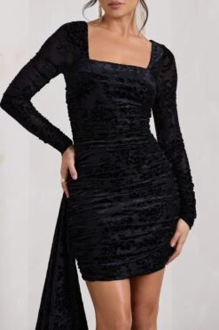 Crimson Cut | Black Velvet Floral Long-Sleeved Ruffled Bodycon Mini Dress 9 Crimson Cut | Black Velvet Floral Long-Sleeved Ruffled Bodycon Mini Dress -Sangyong Store WB HR CL128705019 CrimsonCutBlackVelvetFloralLong SleevedRuffledBodyconMiniDress5