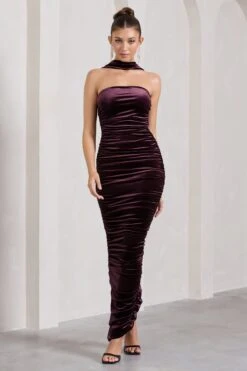 Cayenne | Dark Purple Velvet Halter-Neck Bandeau Maxi Dress -Sangyong Store WB HR CL128779101 CayenneDarkPurpleVelvetHalter NeckBandeauMidiDress1