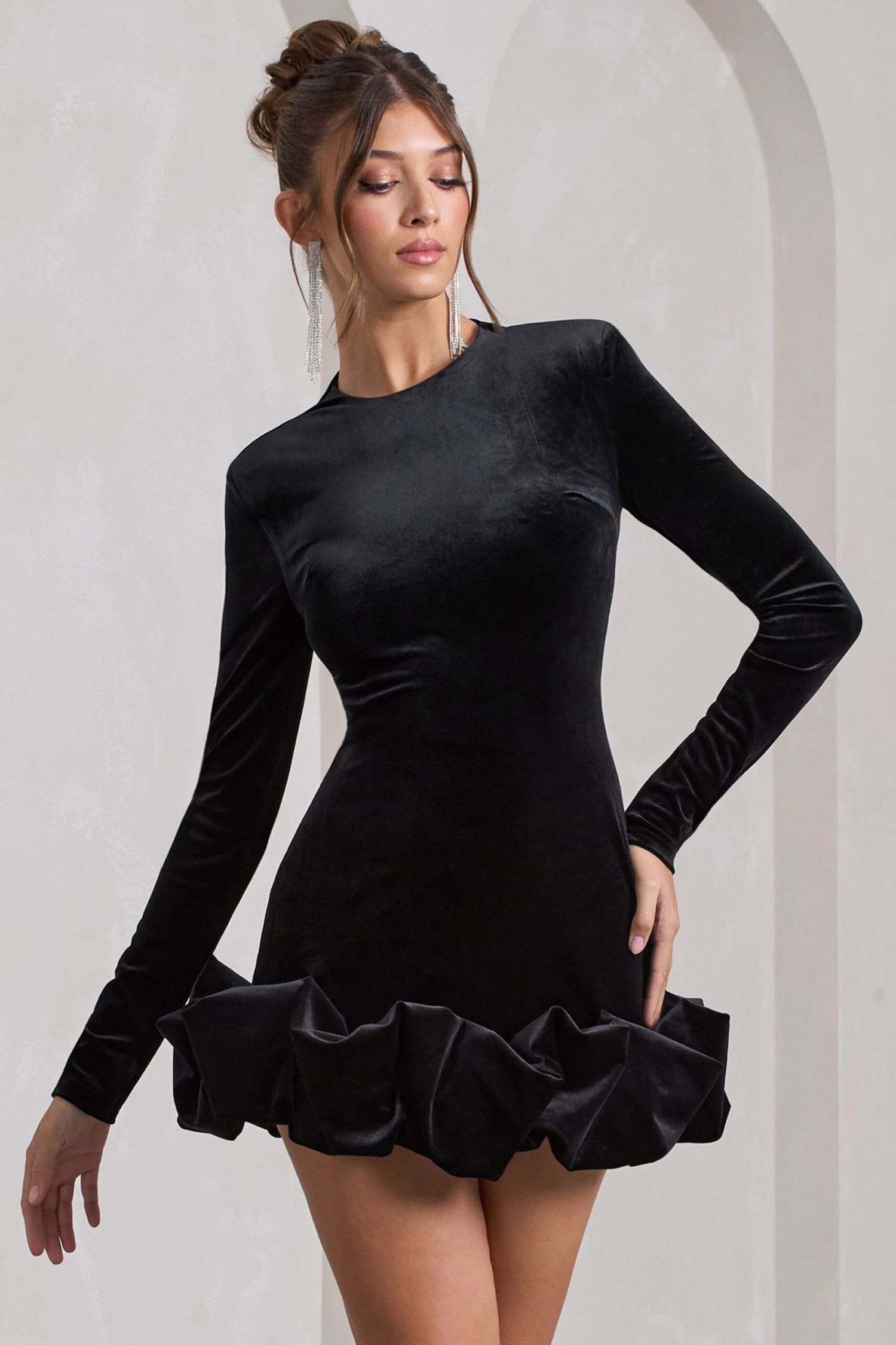 Claudine | Black Velvet Long-Sleeved Ruffled Mini Dress 3 Claudine | Black Velvet Long-Sleeved Ruffled Mini Dress