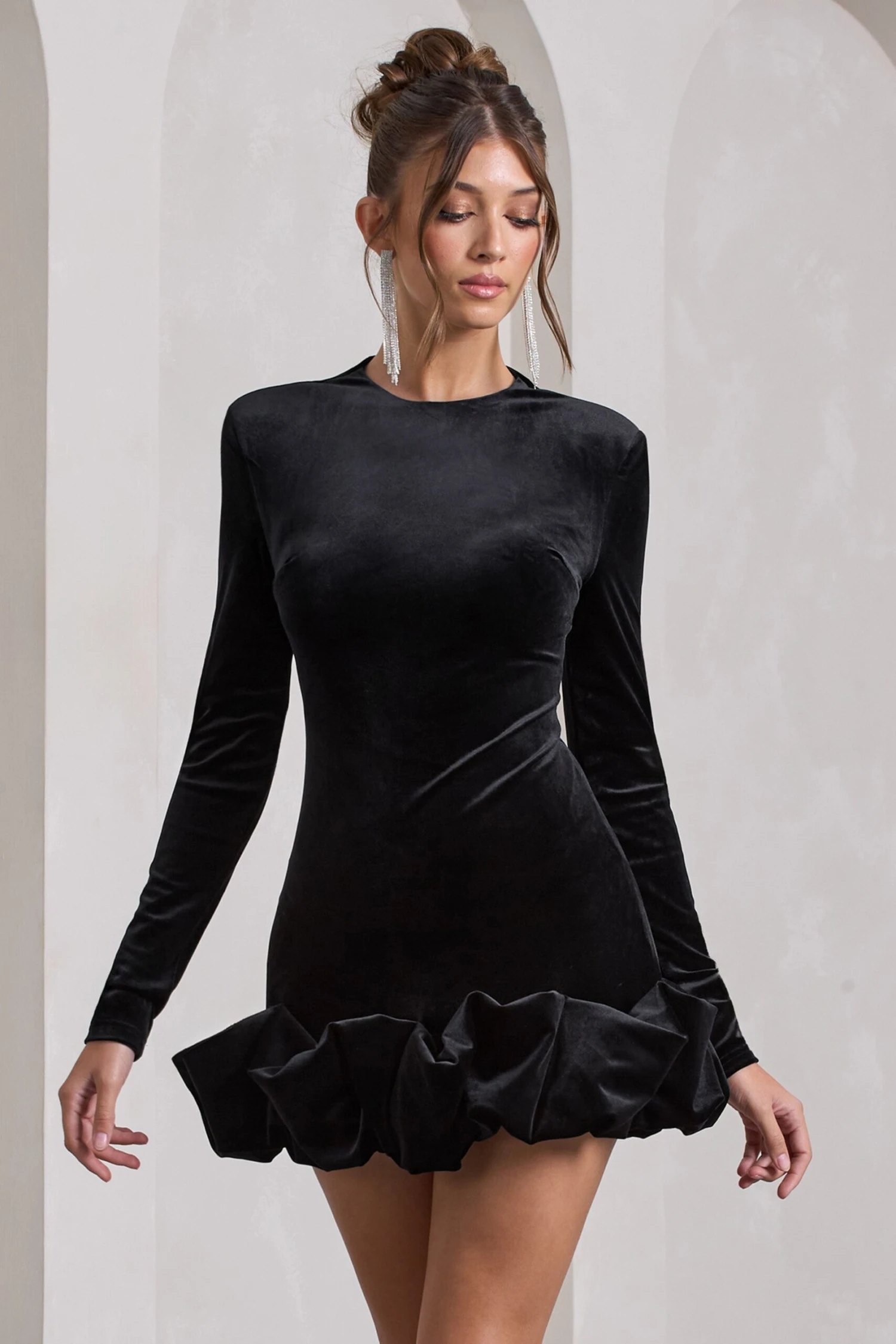 Claudine | Black Velvet Long-Sleeved Ruffled Mini Dress 6 Claudine | Black Velvet Long-Sleeved Ruffled Mini Dress - Image 4