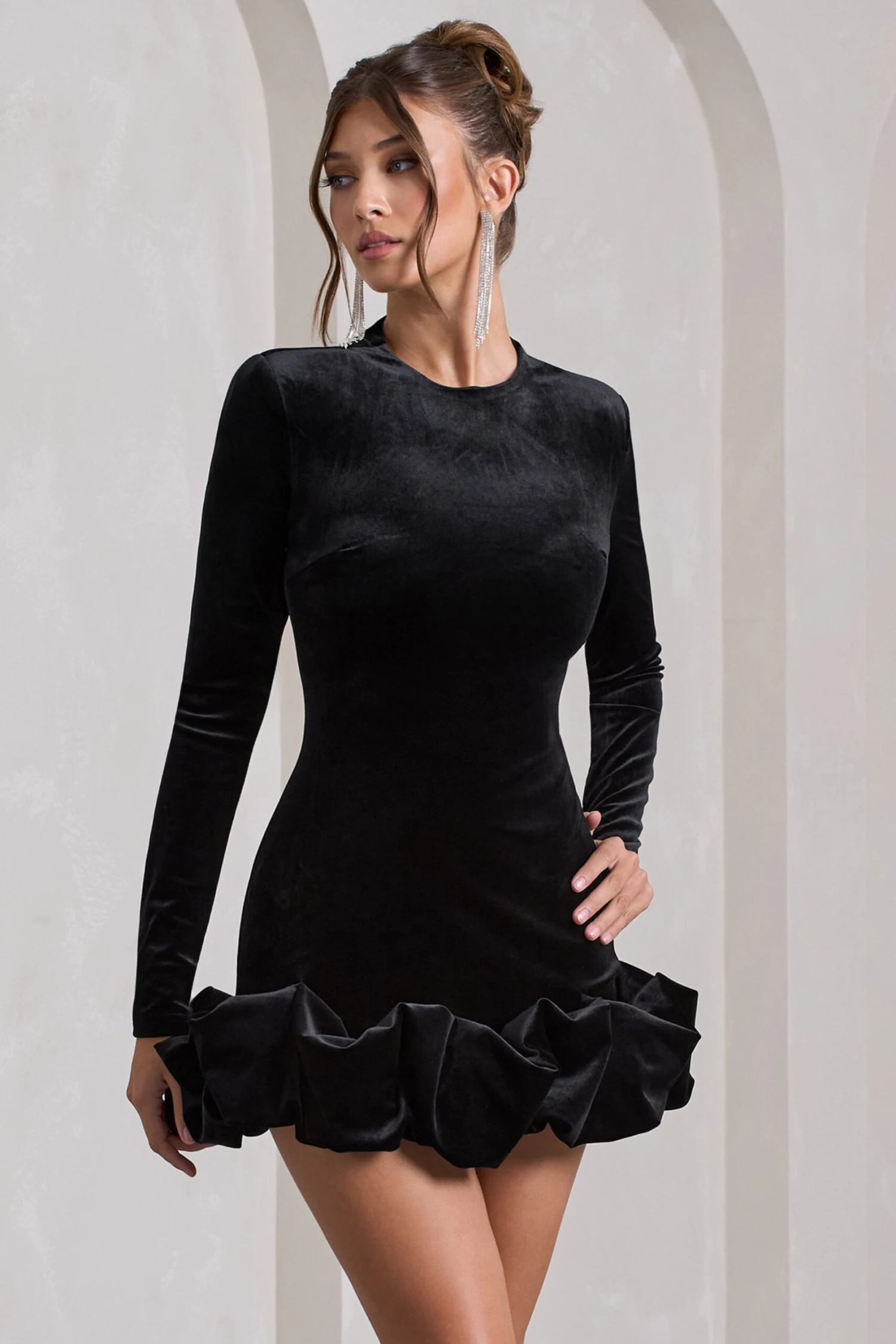 Claudine | Black Velvet Long-Sleeved Ruffled Mini Dress 7 Claudine | Black Velvet Long-Sleeved Ruffled Mini Dress - Image 5