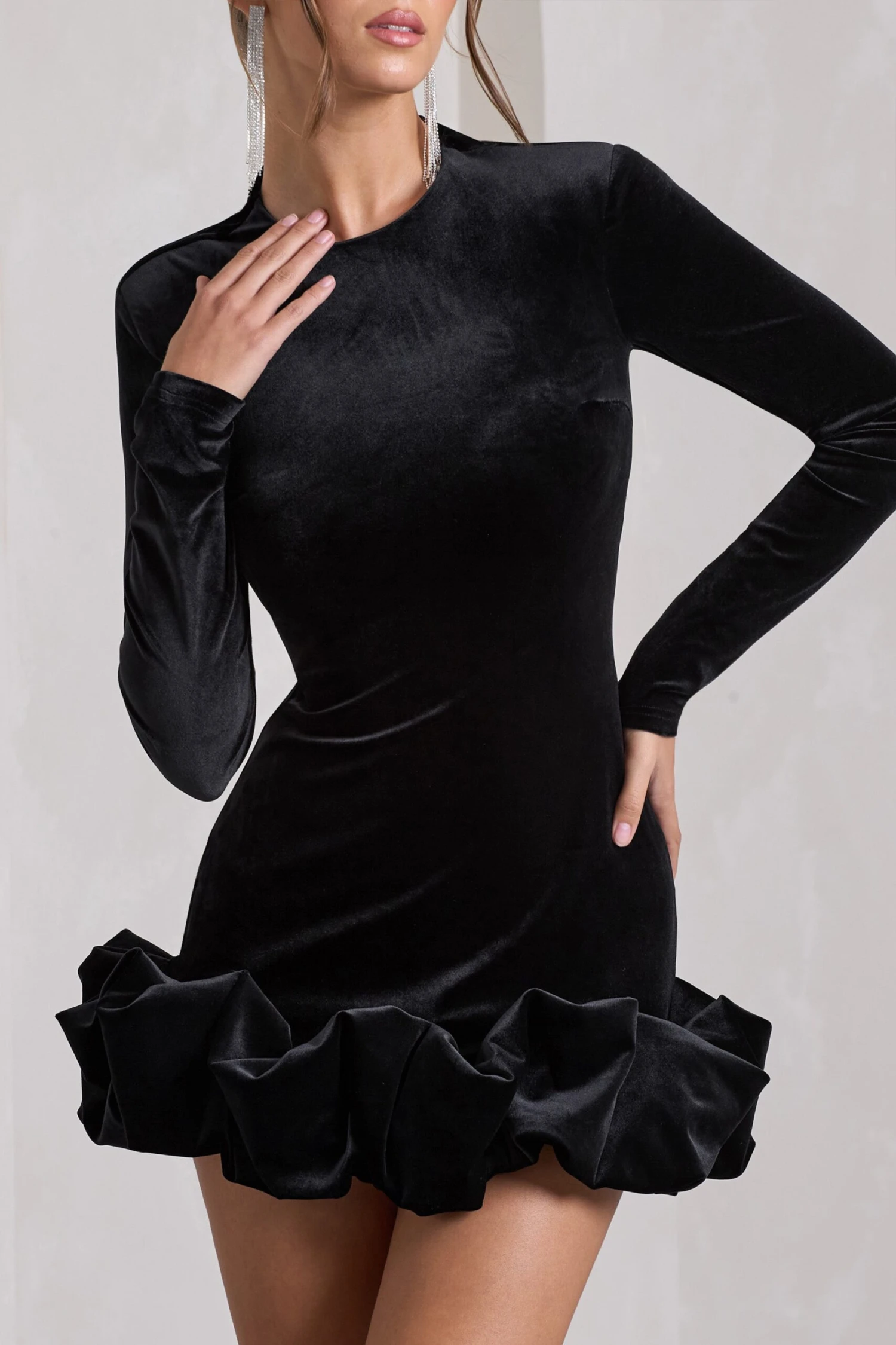 Claudine | Black Velvet Long-Sleeved Ruffled Mini Dress 5 Claudine | Black Velvet Long-Sleeved Ruffled Mini Dress - Image 3