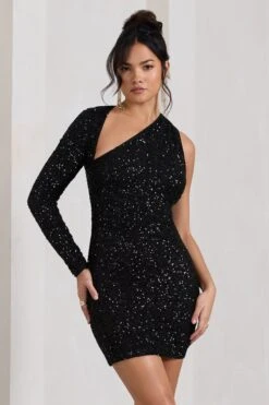 Siren | Black Sequin One Shoulder Bodycon Mini Dress -Sangyong Store WB HR CL128844002 SirenBlackSequinOneShoulderBodyconMiniDress2