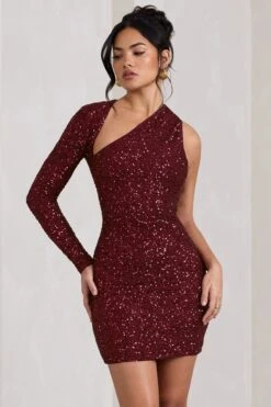 Siren | Burgundy Sequin One Shoulder Bodycon Mini Dress -Sangyong Store WB HR CL128844158 SirenBurgundySequinOneShoulderBodyconMiniDress1