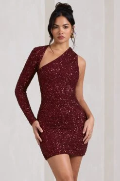 Siren | Burgundy Sequin One Shoulder Bodycon Mini Dress -Sangyong Store WB HR CL128844158 SirenBurgundySequinOneShoulderBodyconMiniDress2