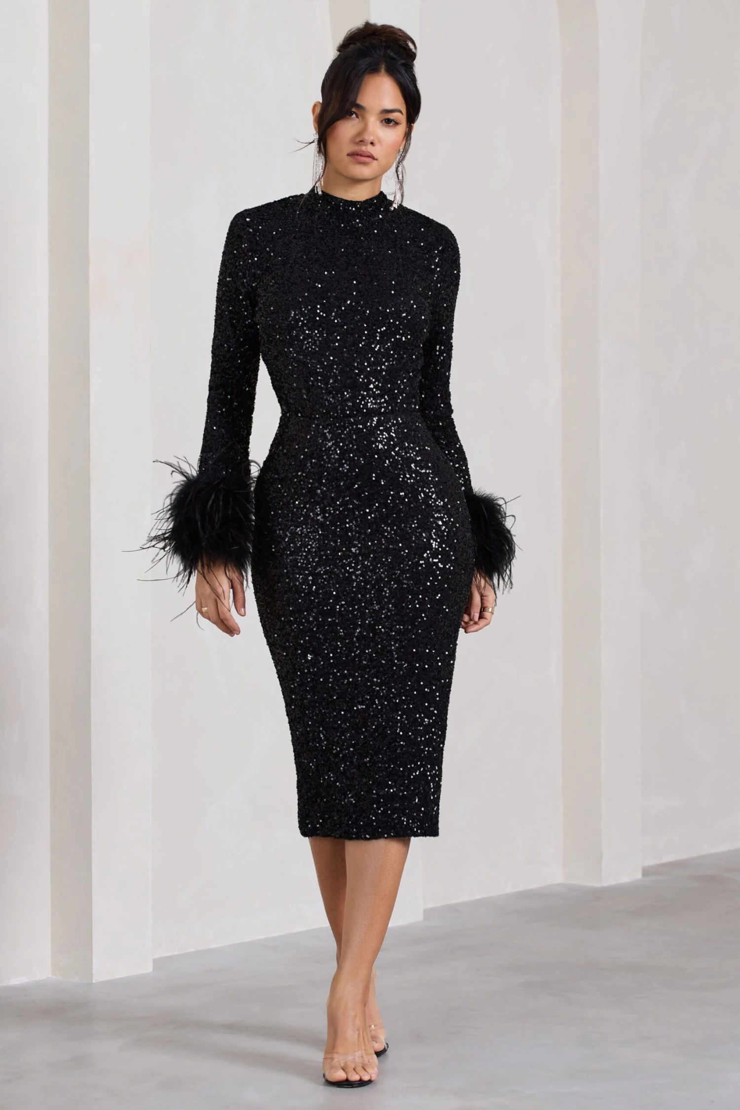 Marilyn | Black Sequin Long-Sleeved Midi Dress With Feather Cuffs 4 Marilyn | Black Sequin Long-Sleeved Midi Dress With Feather Cuffs - Image 2