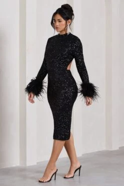 Marilyn | Black Sequin Long-Sleeved Midi Dress With Feather Cuffs 12 Marilyn | Black Sequin Long-Sleeved Midi Dress With Feather Cuffs -Sangyong Store WB HR CL128858002 MarilynBlackSequinLong SleevedMidiDressWithFeatherCuffs3