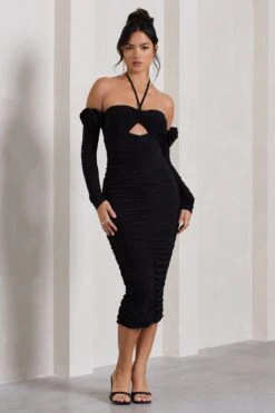 Extra Special | Black Ruched Halter-Neck Midi Dress With Flowers -Sangyong Store WB HR CL128945002 ExtraSpecialBlackRuchedHalter NeckMidiDressWithFlowers3