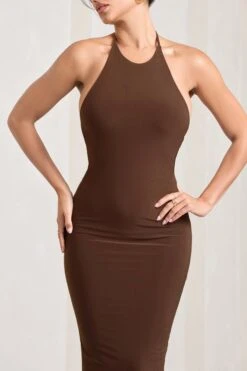 Kirsten | Chocolate Sleeveless Halter-Neck Open-Back Knot Maxi Dress -Sangyong Store WB HR CL128993067 KirstenChocolateSleevelessHalter NeckOpen BackKnotMaxiDress4