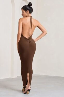 Kirsten | Chocolate Sleeveless Halter-Neck Open-Back Knot Maxi Dress -Sangyong Store WB HR CL128993067 KirstenChocolateSleevelessHalter NeckOpen BackKnotMaxiDress5