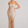 Almira | Champagne Sequin Bandeau Maxi Dress With Split Hem -Sangyong Store WB HR CL129034 AlmiraChampagneSequinBandeauMaxiDressWithSplitHem0