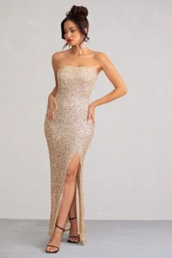 Almira | Champagne Sequin Bandeau Maxi Dress With Split Hem -Sangyong Store WB HR CL129034 AlmiraChampagneSequinBandeauMaxiDressWithSplitHem1
