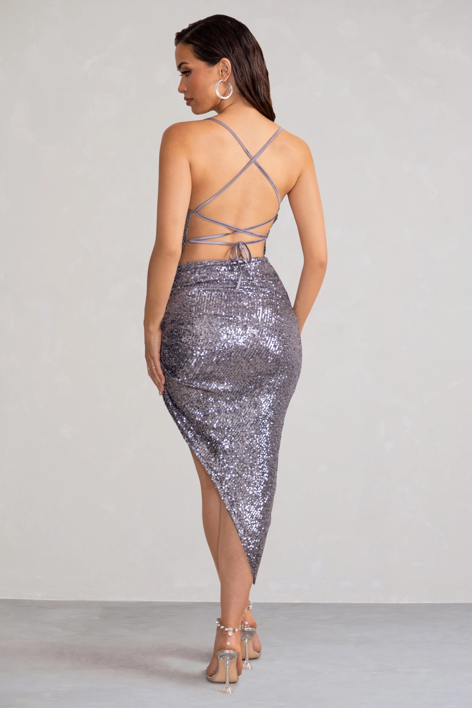 Anya | Gunmetal Sequin Cami Cowl Neck Asymmetric Hem Midi Dress 4 Anya | Gunmetal Sequin Cami Cowl Neck Asymmetric Hem Midi Dress - Image 2