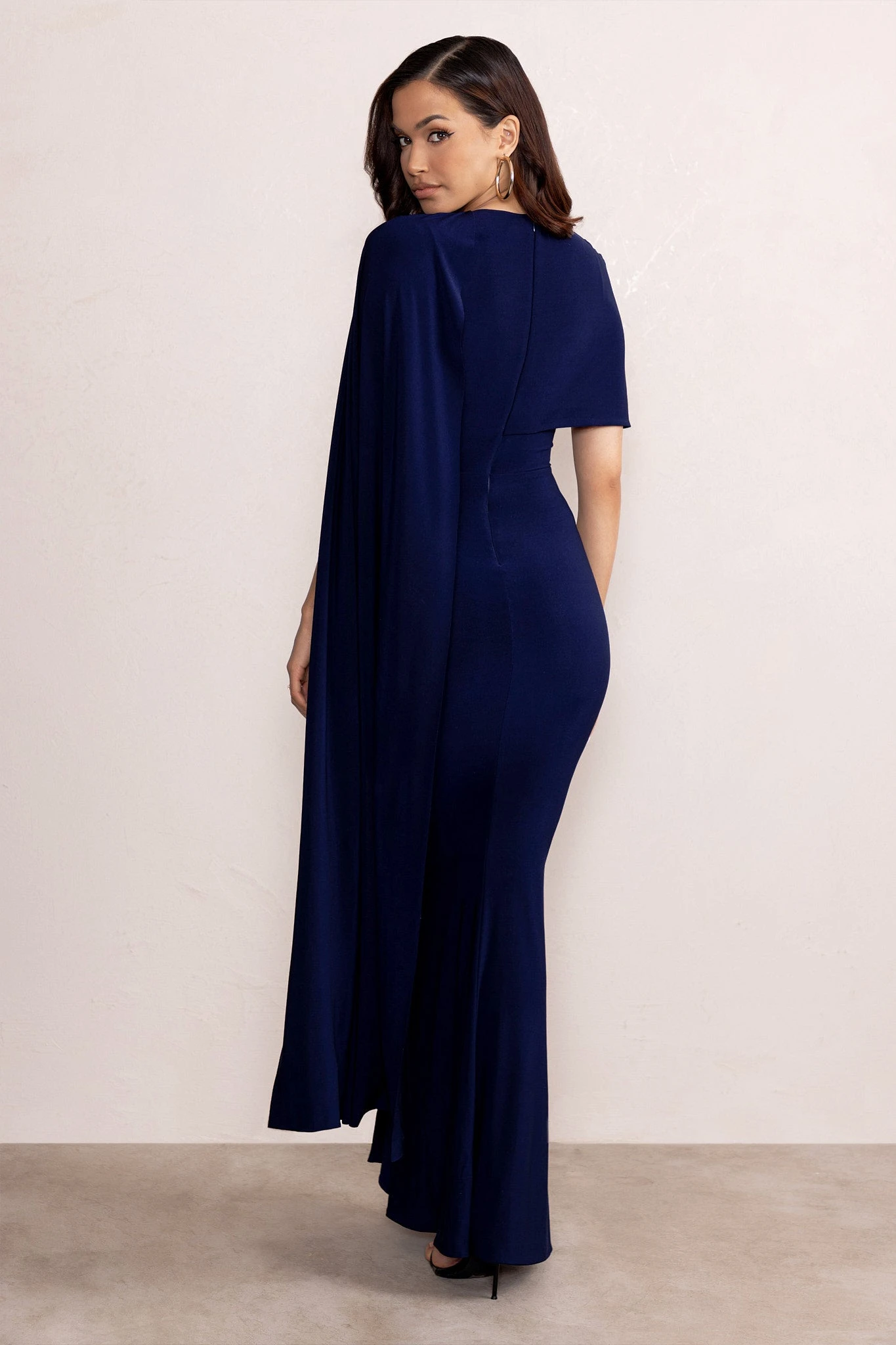 Isla | Navy Asymmetric Bardot Maxi Dress With Cape Sleeve And Side Split 4 Isla | Navy Asymmetric Bardot Maxi Dress With Cape Sleeve And Side Split - Image 2