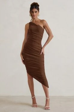 Dorit | Chocolate One Shoulder Asymmetric Ruched Midi Dress -Sangyong Store WB HR CL129293 DoritChocolateOneShoulderAsymmetricRuchedMidiDress1