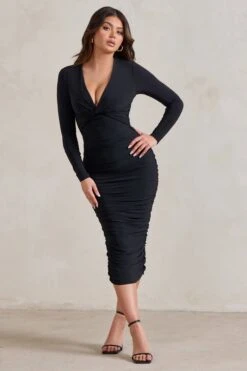 Renee | Black Plunge Twist Neckline Long Sleeve Ruched Midi Dress -Sangyong Store WB HR CL129299 ReneeBlackPlungeTwistNecklineLongSleeveRuchedMidiDress2