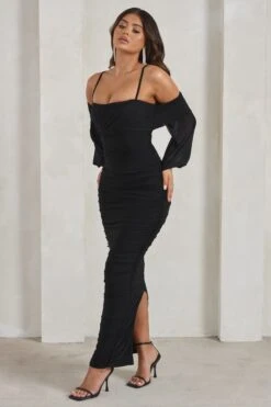 Announcement | Black Bardot Mesh Ruched Maxi Dress -Sangyong Store WB HR CL129305 AnnouncementBlackBardotMeshRuchedMidaxiDress3