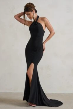 Jodie | Black Halterneck Fishtail Maxi Dress With Split -Sangyong Store WB HR CL129308 JodieBlackHalterneckFishtailMaxiDressWithSplit2