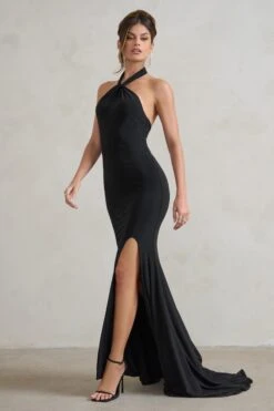 Jodie | Black Halterneck Fishtail Maxi Dress With Split -Sangyong Store WB HR CL129308 JodieBlackHalterneckFishtailMaxiDressWithSplit4