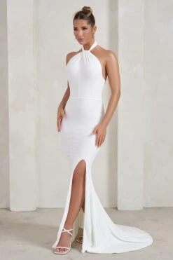Jodie | White Halterneck Fishtail Maxi Dress With Split -Sangyong Store WB HR CL129308 JodieWhiteHalterneckFishtailMaxiDressWithSplit2