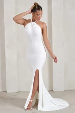 Jodie | White Halterneck Fishtail Maxi Dress With Split -Sangyong Store WB HR CL129308 JodieWhiteHalterneckFishtailMaxiDressWithSplit3