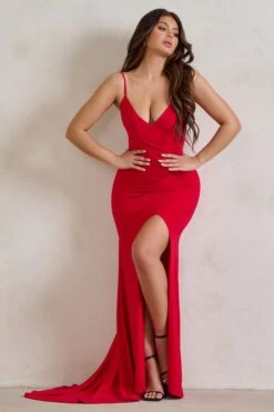Sammi | Red Cami Plunge Wrap Maxi Dress -Sangyong Store WB HR CL129310 SammiRedCamiPlungeWrapMaxiDress4
