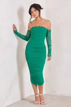Sorella | Green Ruched Mesh Bardot Midi Dress -Sangyong Store WB HR CL129311 SorellaGreenRuchedMeshBardotMidiDress10