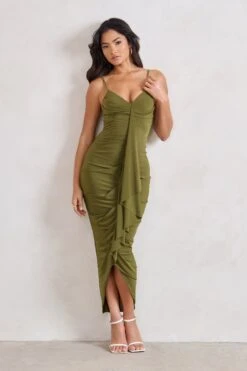 Dorothy | Olive Green Plunge V Neckline Ruffle Midi Dress 11 Dorothy | Olive Green Plunge V Neckline Ruffle Midi Dress -Sangyong Store WB HR CL129312 00726