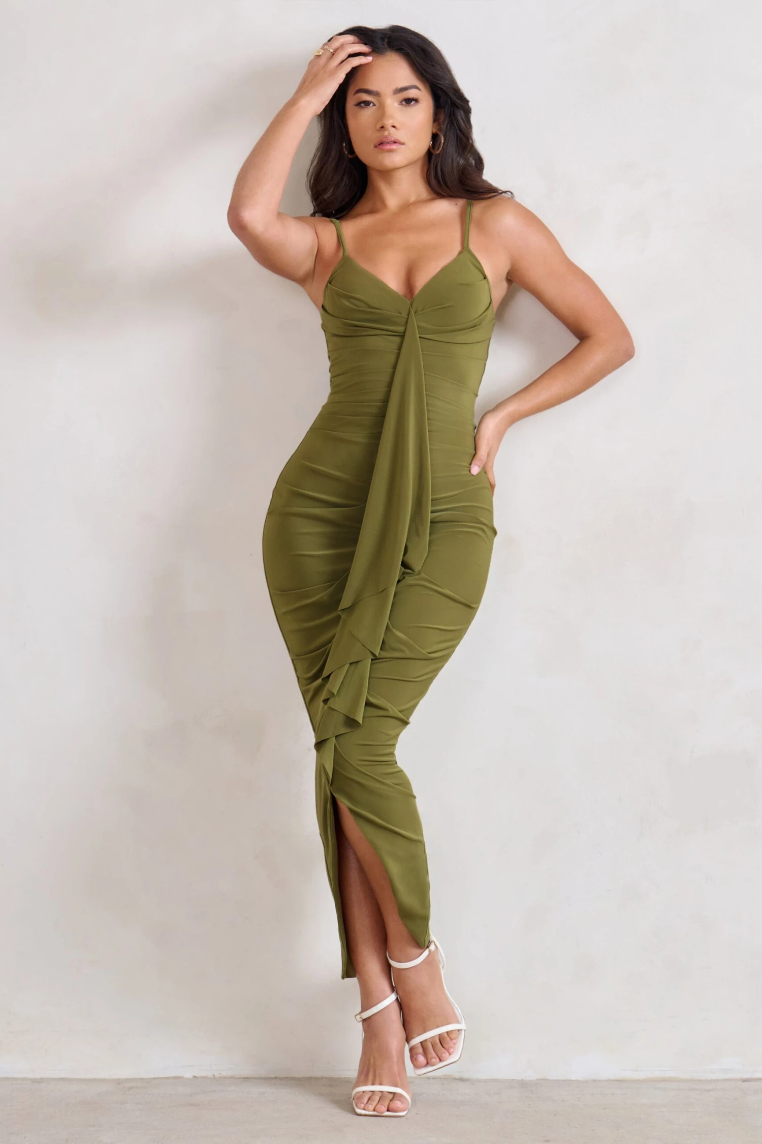 Dorothy | Olive Green Plunge V Neckline Ruffle Midi Dress 3 Dorothy | Olive Green Plunge V Neckline Ruffle Midi Dress