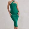 Connie | Green Ruched Asymmetric Neckline Midi Dress -Sangyong Store WB HR CL129313 ConnieGreenRuchedAsymmetricNecklineMidiDress0