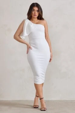 Samantha | White One Shoulder Bow Detail Midi Dress
