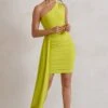 Charlie | Lime Green One Shoulder Ruched Mini Dress With Statement Drape -Sangyong Store WB HR CL129320 CharlieLimeGreenOneShoulderRuchedMiniDressWithStatementDrape0