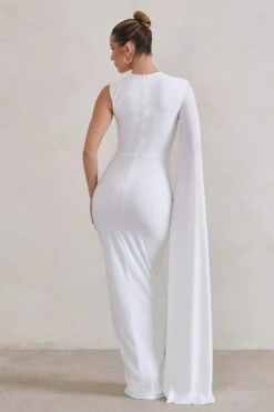 Emmey | White Asymmetric Cut Out Maxi Dress With Statement Cape -Sangyong Store WB HR CL129324 EmmeyWhiteAsymmetricCutOutMaxiDressWithStatementCape6