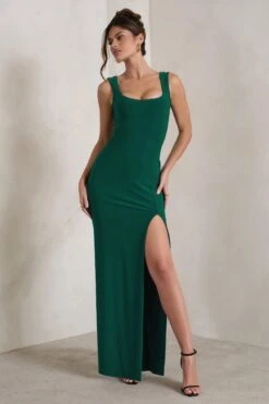 Madeline | Green Sleeveless Thigh Split Maxi Dress -Sangyong Store WB HR CL129338 MadelineBottleGreenSleevelessThighSplitMaxiDress1