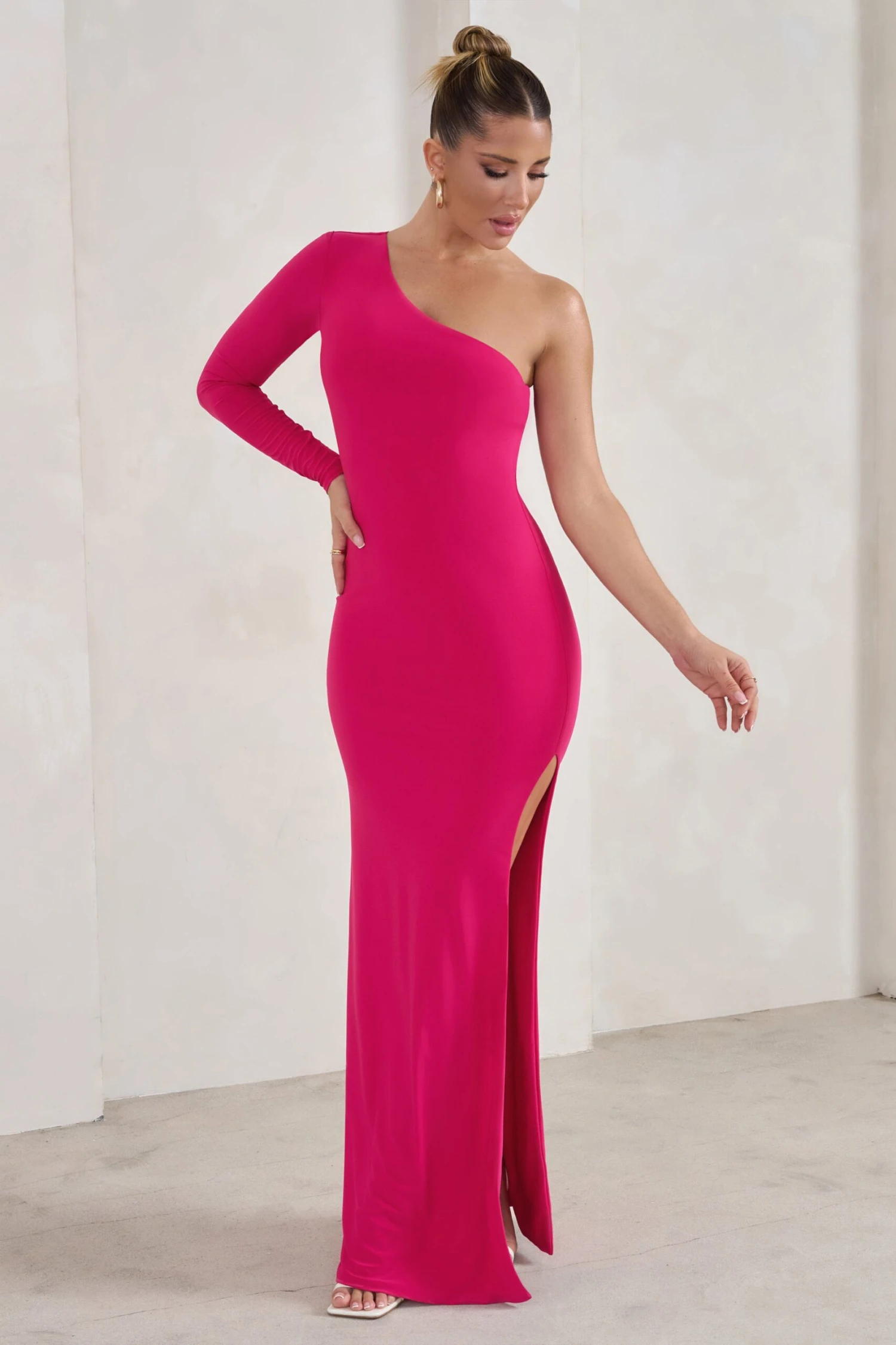 Melanie | Hot Pink One Shoulder Split Maxi Dress 3 Melanie | Hot Pink One Shoulder Split Maxi Dress