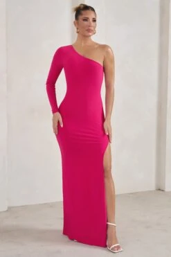 Melanie | Hot Pink One Shoulder Split Maxi Dress 10 Melanie | Hot Pink One Shoulder Split Maxi Dress -Sangyong Store WB HR CL129339 MelanieHotPinkOneShoulderSplitMaxiDress2