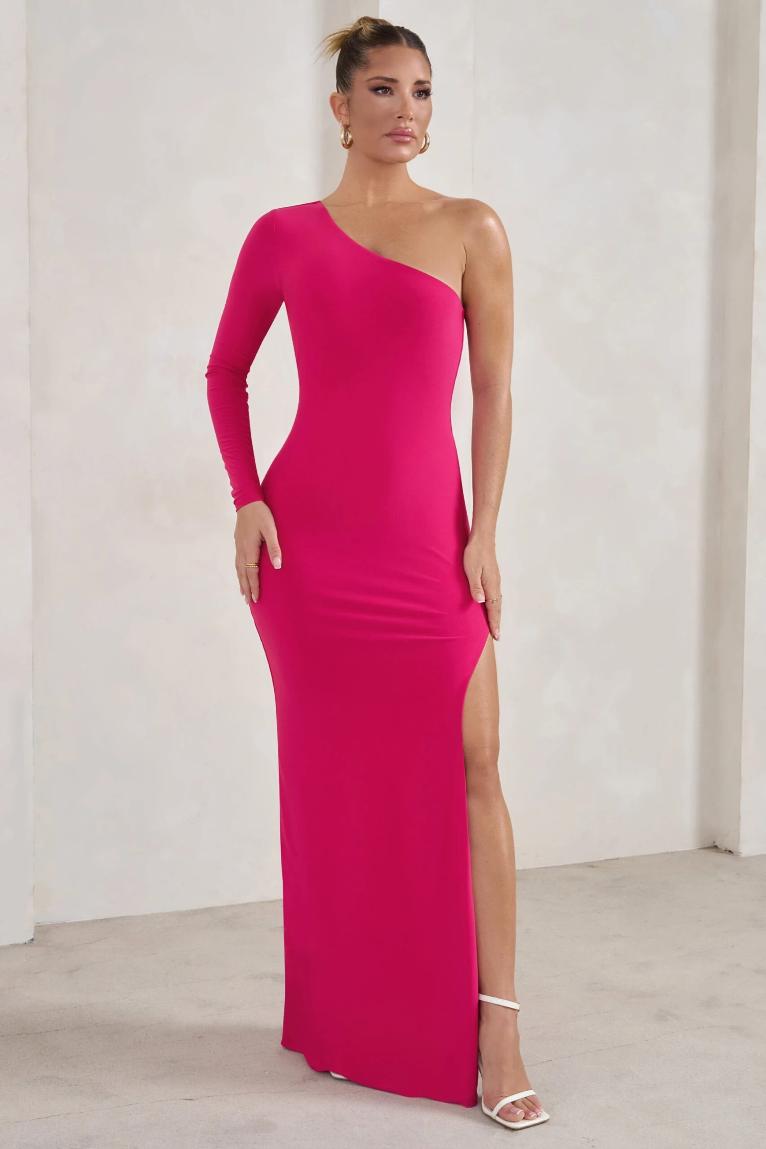 Melanie | Hot Pink One Shoulder Split Maxi Dress 6 Melanie | Hot Pink One Shoulder Split Maxi Dress - Image 4