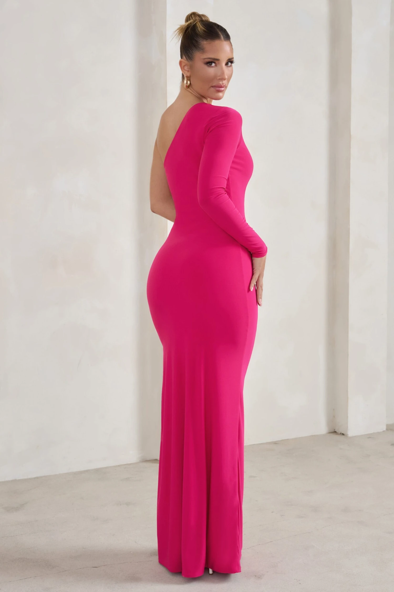 Melanie | Hot Pink One Shoulder Split Maxi Dress 4 Melanie | Hot Pink One Shoulder Split Maxi Dress - Image 2