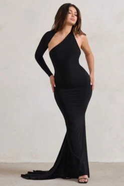 Katarina | Black One Shoulder Fishtail Maxi Dress