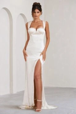 Showpiece | Cream Satin Corset Split Maxi Dress -Sangyong Store WB HR CL129363028 ShowcaseCreamSatinCorsetSplitMaxiDress3