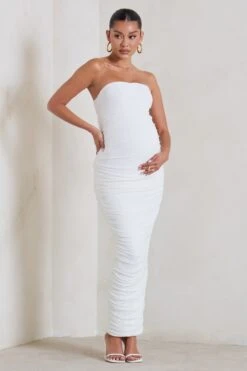 My Lady | Maternity White Strapless Bodycon Ruched Mesh Maxi Dress -Sangyong Store WB HR CL129396 MyLadyMaternityWhiteStraplessBodyconRuchedMeshMidiDress0