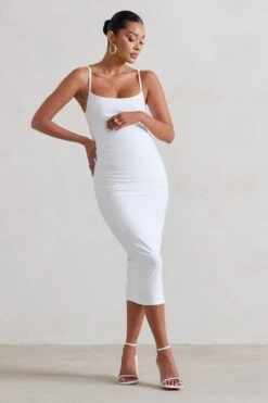 Raquel | White Maternity Cami Midi Dress With Split