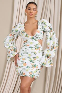 Limoncello | Lemon Print Ruched Cut-Out Mini Dress With Puff Sleeves 11 Limoncello | Lemon Print Ruched Cut-Out Mini Dress With Puff Sleeves -Sangyong Store WB HR CL129411145 LimoncelloLemonPrintRuchedCut OutMidiDressWithPuffSleeves2