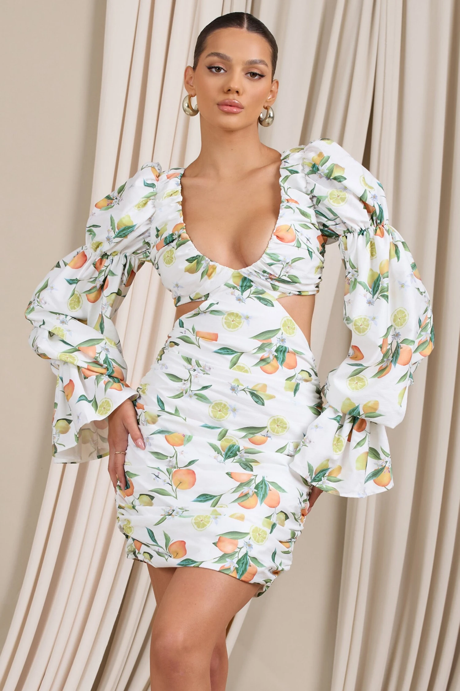 Limoncello | Lemon Print Ruched Cut-Out Mini Dress With Puff Sleeves 7 Limoncello | Lemon Print Ruched Cut-Out Mini Dress With Puff Sleeves - Image 5
