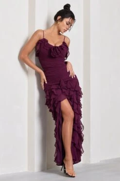 Walks Alone | Burgundy Ruched Strappy Split Maxi Dress With Ruffles -Sangyong Store WB HR CL129665069 WalksAloneBurgundyRuchedStrappySplitMaxiDressWithRuffles4
