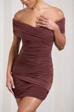 High Ground | Chocolate Brown Twisted Wrap Bardot Mini Dress -Sangyong Store WB HR CL129670038 HighGroundChocolateBrownTwistedWrapBardotMiniDress3