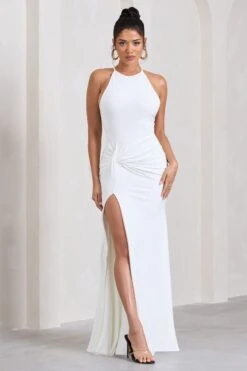 Stellar | White Halter-Neck Twisted Split Maxi Dress -Sangyong Store WB HR CL129696005 StellarWhiteHalter NeckTwistedSplitMaxiDress1