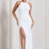 Stellar | White Halter-Neck Twisted Split Maxi Dress -Sangyong Store WB HR CL129696005 StellarWhiteHalter NeckTwistedSplitMaxiDress2